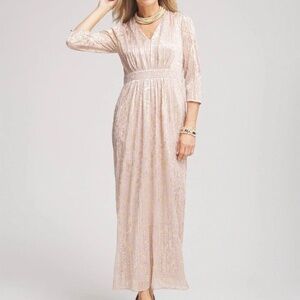 Chico’s Pale Pink Metallic Gold Pleated Maxi Dress NWT